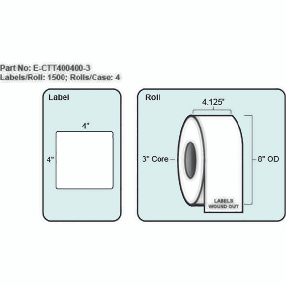 4x4 Thermal Transfer Label, No Perf, 1500 Labels per roll, 4 rolls per case, 3" Core 8" OD