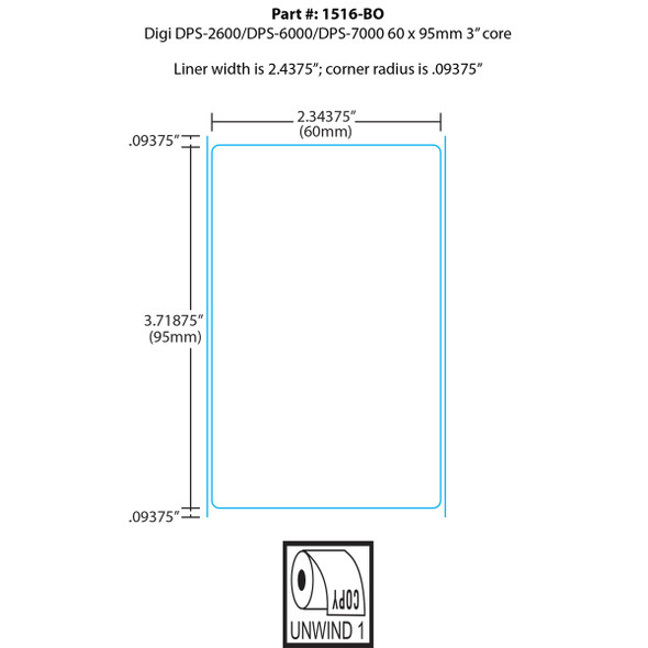 Digi Printer Labels 1516-BO for DPS-2600/DPS-6000/DPS-7000 95mm 3" Core, Blank Wound Out, 3 Rolls, 1500 Labels per Roll