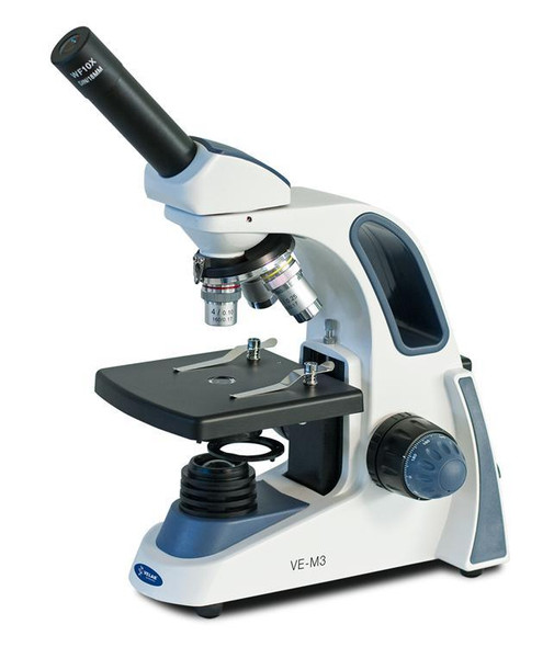 Velab VE-M3 Intermediate Biological Monocular Microscope, Triple Nose Piece, Flat Stage, 4.72” x 4.72”