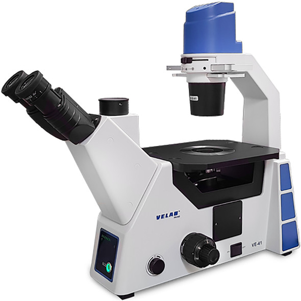 Velab VE-41 Trinocular Inverted Microscope, Phase Contrast Kit, 4 Lenses, 9.84” x 8.46” Stage