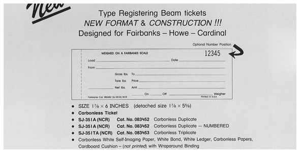 Standard Printing SJ-351A NCR 083452 Type Registering Beam 2-Part Numbered Scale Tickets - 6,000
