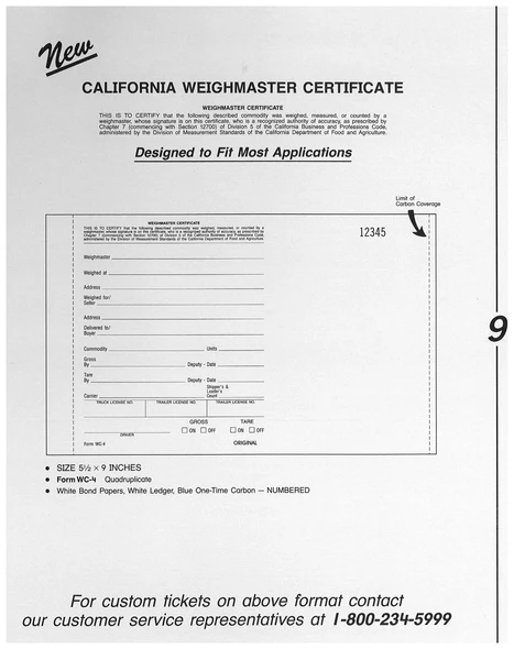 Standard Printing WC-4 California Weighmaster 4-Part Numbered Scale Tickets - 4,000