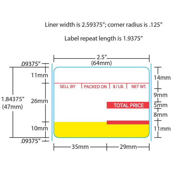 Ishida Printer Labels 1819 for Alpha Cosmic UPC 47mm, Red/Yellow, 12 Rolls, 800 Labels per Roll