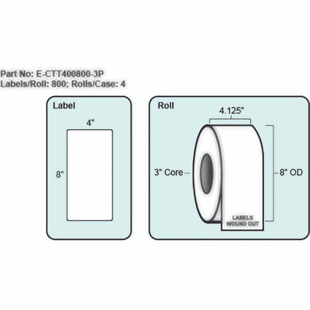 4x8 Thermal Transfer Label with Perf, 800 Labels per roll, 4 rolls per case 3" Core 8" OD