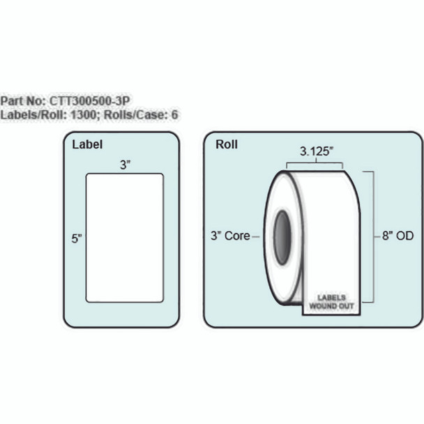 3x5 Thermal Transfer Label, with Perf, 1300 Labels per roll, 6 rolls per case, 3" Core 8" OD 3x5 Thermal Transfer Label, with Perf, 1300 Labels per roll, 6 rolls per case, 3" Core 8" OD