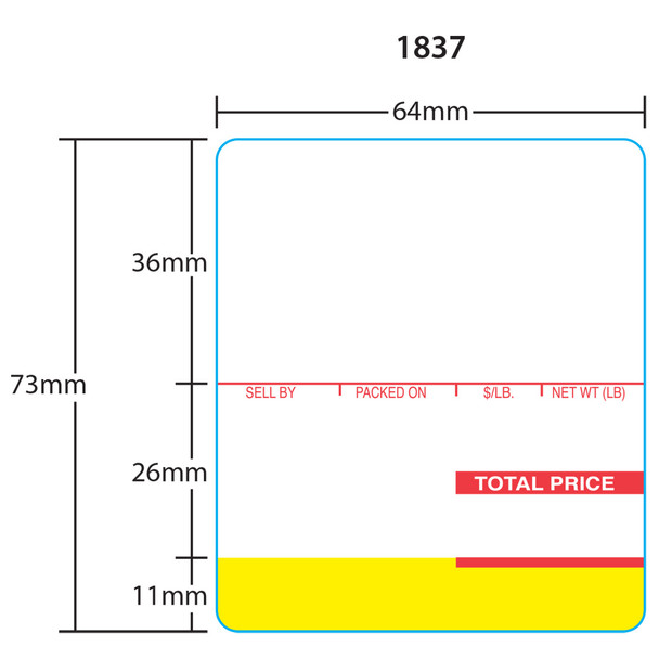 Ishida Printer Labels 1837-B for AC-Series, BC-3000, Astra UPC 73mm, Blank, 12 Rolls, 500 Labels per Roll