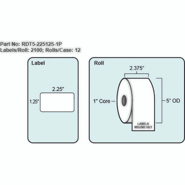 2.25x1.25 Direct Thermal Label with Perf, 2100 Labels per roll, 1" Core 5" OD 2.25x1.25 Direct Thermal Label with Perf, 2100 Labels per roll, 1" Core 5" OD