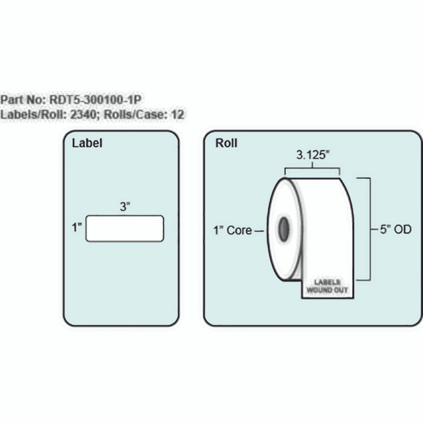 3x1 Direct Thermal Label with Perf, 2340 Labels per roll, 12 rolls per case, 1" Core 5" OD