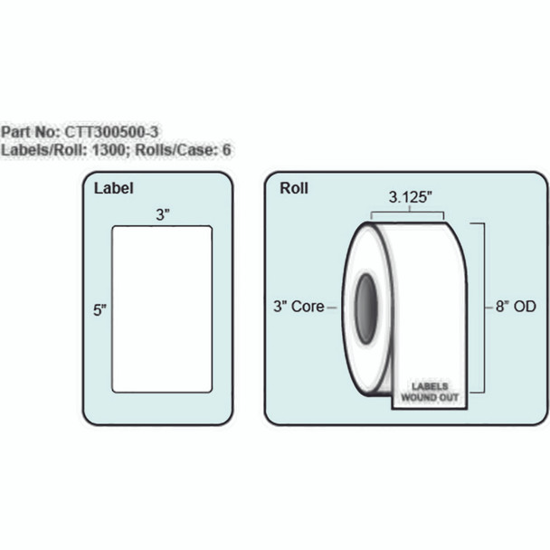 3x5 Thermal Transfer Label, No Perf, 1300 Labels per roll, 6 rolls per case, 3" Core 8" OD 3x5 Thermal Transfer Label, No Perf, 1300 Labels per roll, 6 rolls per case, 3" Core 8" OD