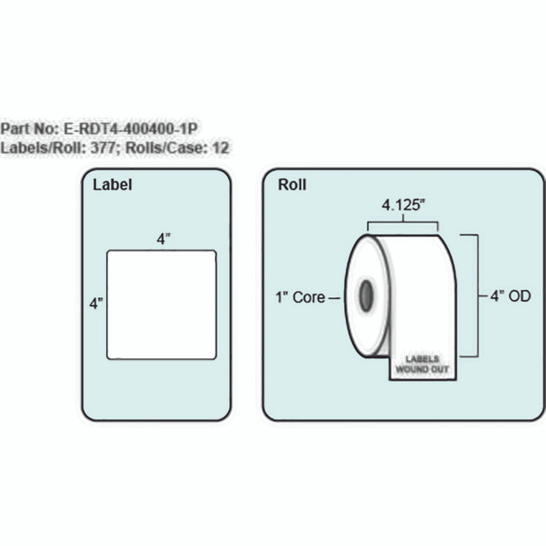 4x4 Direct Thermal Label with Perf, 377 Labels per roll, 12 rolls per case 1" Core. 4" OD 4x4 Direct Thermal Label with Perf, 377 Labels per roll, 12 rolls per case 1" Core. 4" OD