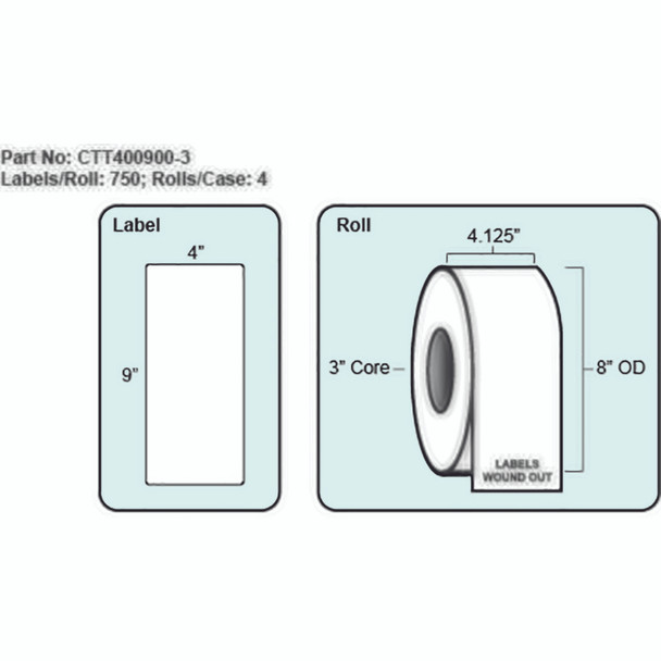 4x9 Thermal Transfer Label, No Perf, 750 Labels per roll, 4 rolls per case, 3" Core 8" OD 4x9 Thermal Transfer Label, No Perf, 750 Labels per roll, 4 rolls per case, 3" Core 8" OD