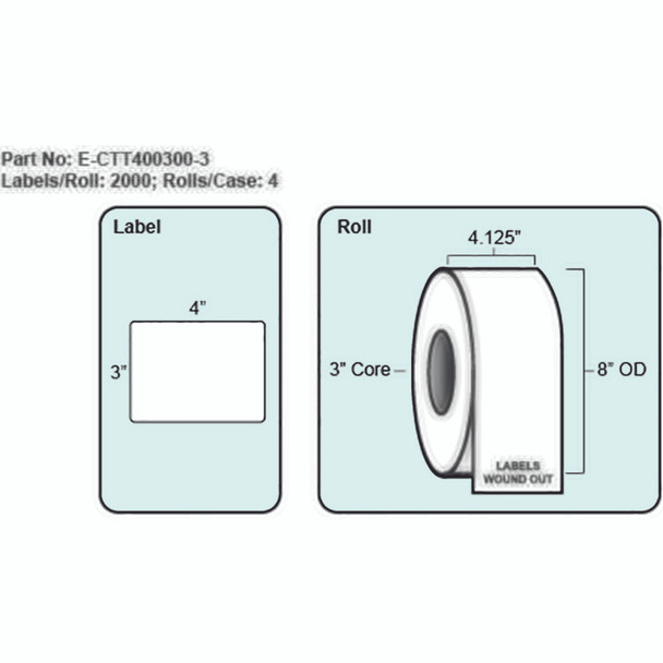 4x3 Thermal Transfer Label, No Perf, 2000 Labels per roll, 4 rolls per case, 3" Core 8" OD 4x3 Thermal Transfer Label, No Perf, 2000 Labels per roll, 4 rolls per case, 3" Core 8" OD