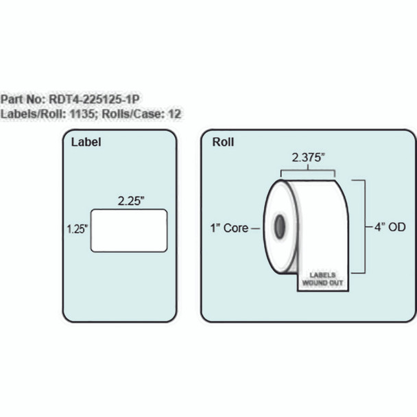2.25x1.25 Direct Thermal Label with Perf, 1135 Labels per roll, 12 rolls per case, 1" Core 4" OD 2.25x1.25 Direct Thermal Label with Perf, 1135 Labels per roll, 12 rolls per case, 1" Core 4" OD