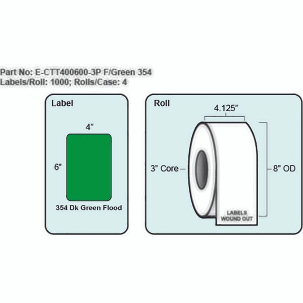 4x6 Green Thermal Transfer Label with Perf, 1000 Labels per roll, 4 rolls per case, 3" Core 8" OD 4x6 Green Thermal Transfer Label with Perf, 1000 Labels per roll, 4 rolls per case, 3" Core 8" OD