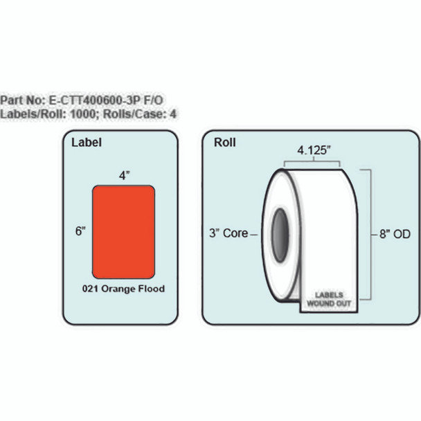 4x6 Orange Thermal Transfer Label with Perf, 1000 Labels per roll, 4 rolls per case, 3" Core 8" OD 4x6 Orange Thermal Transfer Label with Perf, 1000 Labels per roll, 4 rolls per case, 3" Core 8" OD