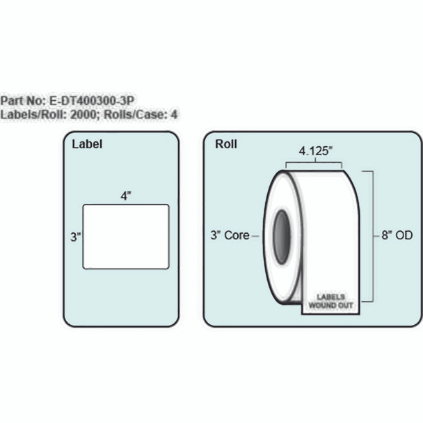 4x3 Direct Thermal Label with Perf, 2000 Labels per roll, 4 rolls per case, 3" Core 8" OD 4x3 Direct Thermal Label with Perf, 2000 Labels per roll, 4 rolls per case, 3" Core 8" OD