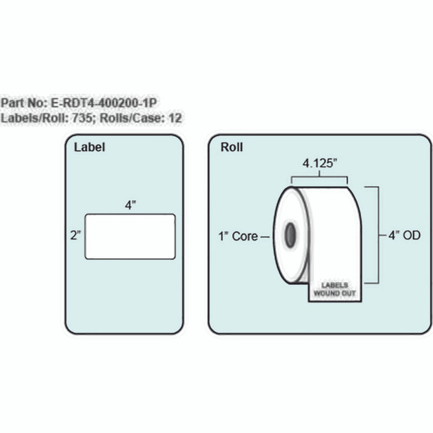 4x2 Direct Thermal Transfer Label, 735 Labels per roll, 12 rolls per case, 1" Core 4" OD