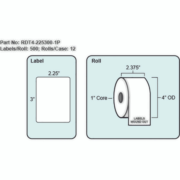 2.25x3 Direct Thermal Label with Perf, 500 Labels per roll, 12 rolls per case, 1" Core 4" OD 2.25x3 Direct Thermal Label with Perf, 500 Labels per roll, 12 rolls per case, 1" Core 4" OD