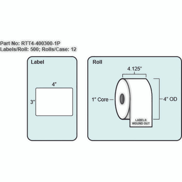 4x3 Thermal Transfer Label with Perf, 500 Labels per roll, 12 rolls per case, 1" Core 4" OD 4x3 Thermal Transfer Label with Perf, 500 Labels per roll, 12 rolls per case, 1" Core 4" OD