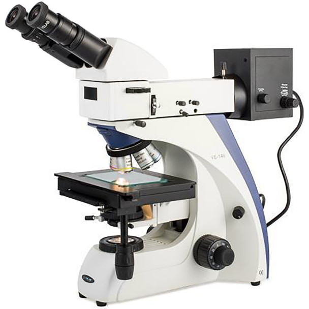 Velab VE-146 Advanced Vertical Binocular Metallographic Microscope, 4 Lenses, 7.48” x 5.90” Double Plate