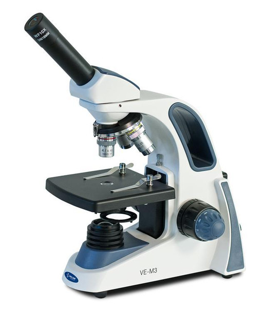 Velab VE-M3 Intermediate Biological Monocular Microscope, Triple Nose Piece, Flat Stage, 4.72” x 4.72”