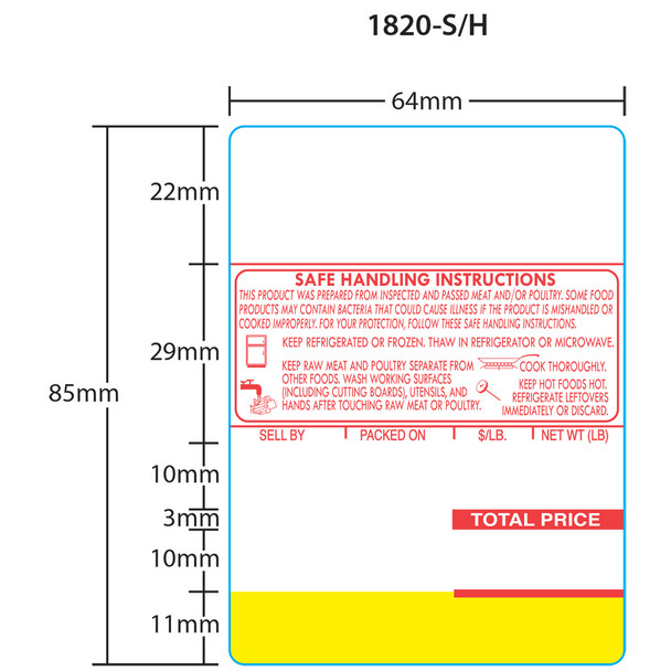 Ishida Printer Labels 1820-S/H for AC-Series, BC-3000, Astra UPC 85mm, Red/Yellow, 12 Rolls, 450 Labels per Roll