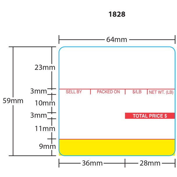 Ishida Printer Labels 1828 for AC-Series, BC-3000, Astra UPC 59mm, Red/Yellow, 12 Rolls, 625 Labels per Roll