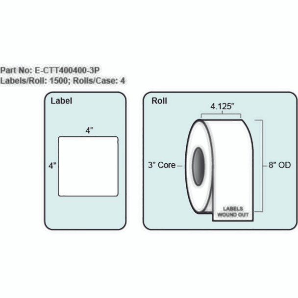 4x4 Thermal Transfer Label, with Perf, 1500 Labels per roll, 4 rolls per case, 3" Core 8" OD