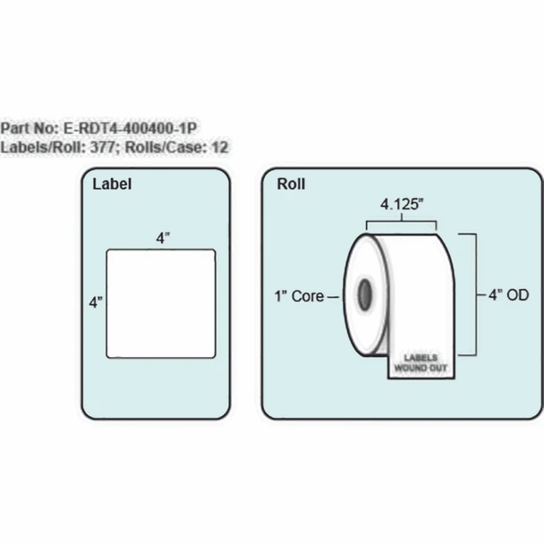 4x4 Direct Thermal Label with Perf, 377 Labels per roll, 12 rolls per case 1" Core. 4" OD