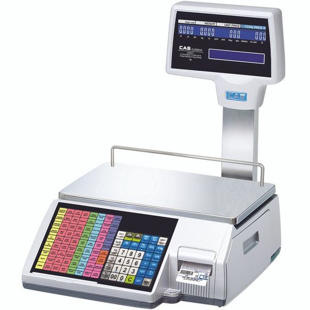 CAS CL5500R-60(W), Label Printing Scale with Pole Display & Wireless Card, 0-30 lb x 0.01/ 30-60 lb x 0.02 lb, NTEP