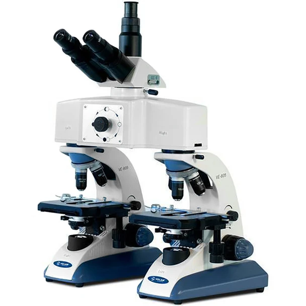 Velab VE-065 Advanced Trinocular Comparison Microscope, Quadruple Nose Piece, 5.11” x 5.11” Double Plate Stage