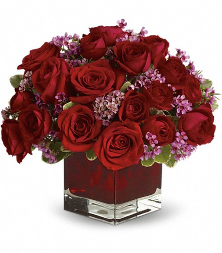 18 red roses, with accents of waxflower