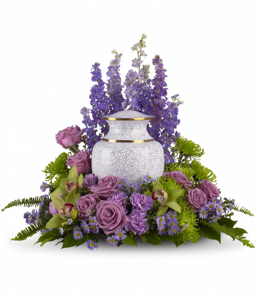 Soft lavender and green blooms to surround the urn, like a peaceful, contemplative garden for the cremation urn.