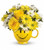Send this cheery be happy mug with white and yellow daisies, and roses.