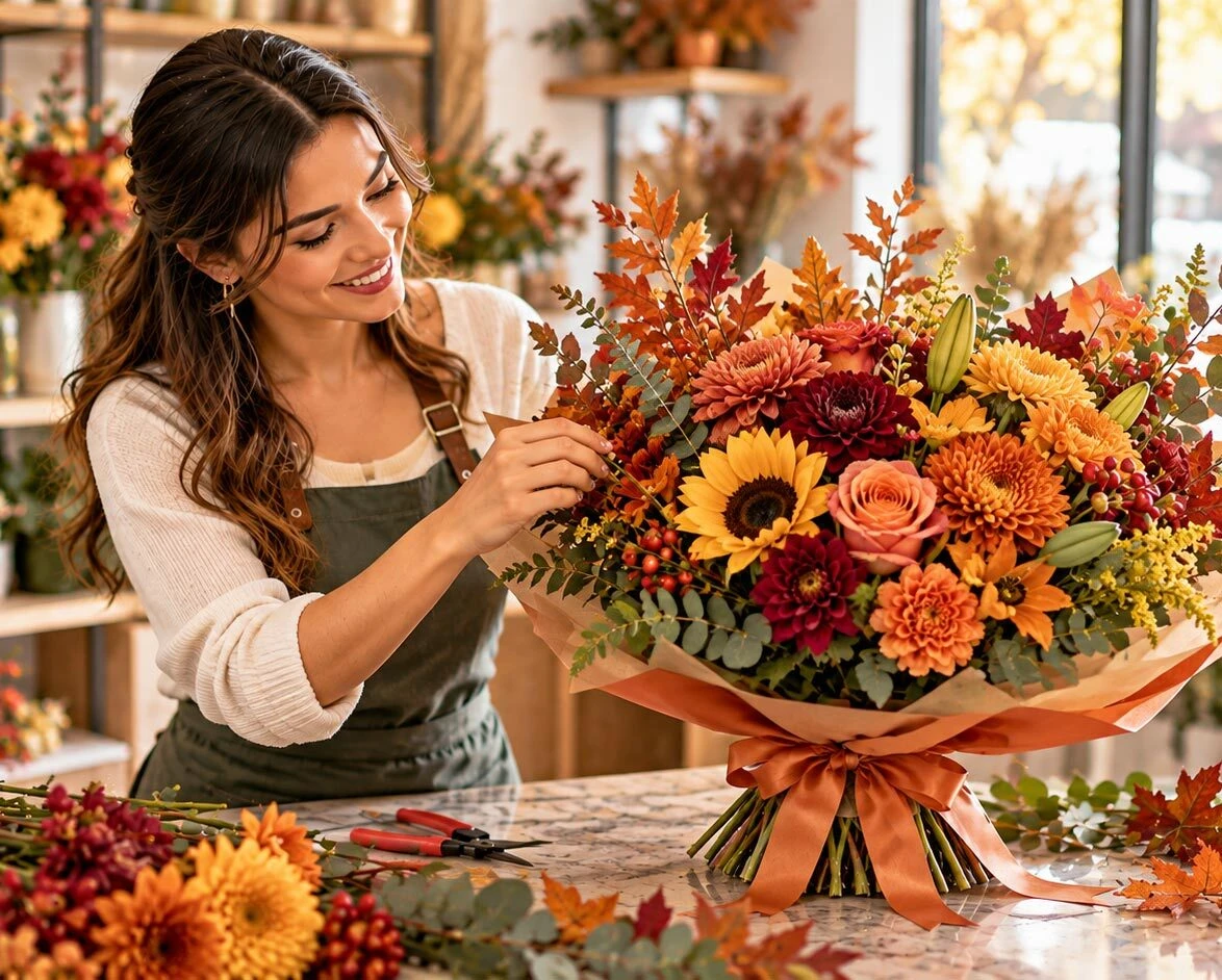 Florist arranging a vibrant autumn bouquet in a modern flower shop.