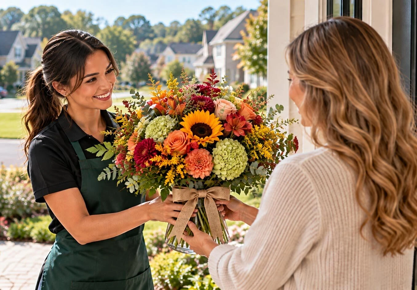 Florist delivering a colorful autumn bouquet to a customer at home.