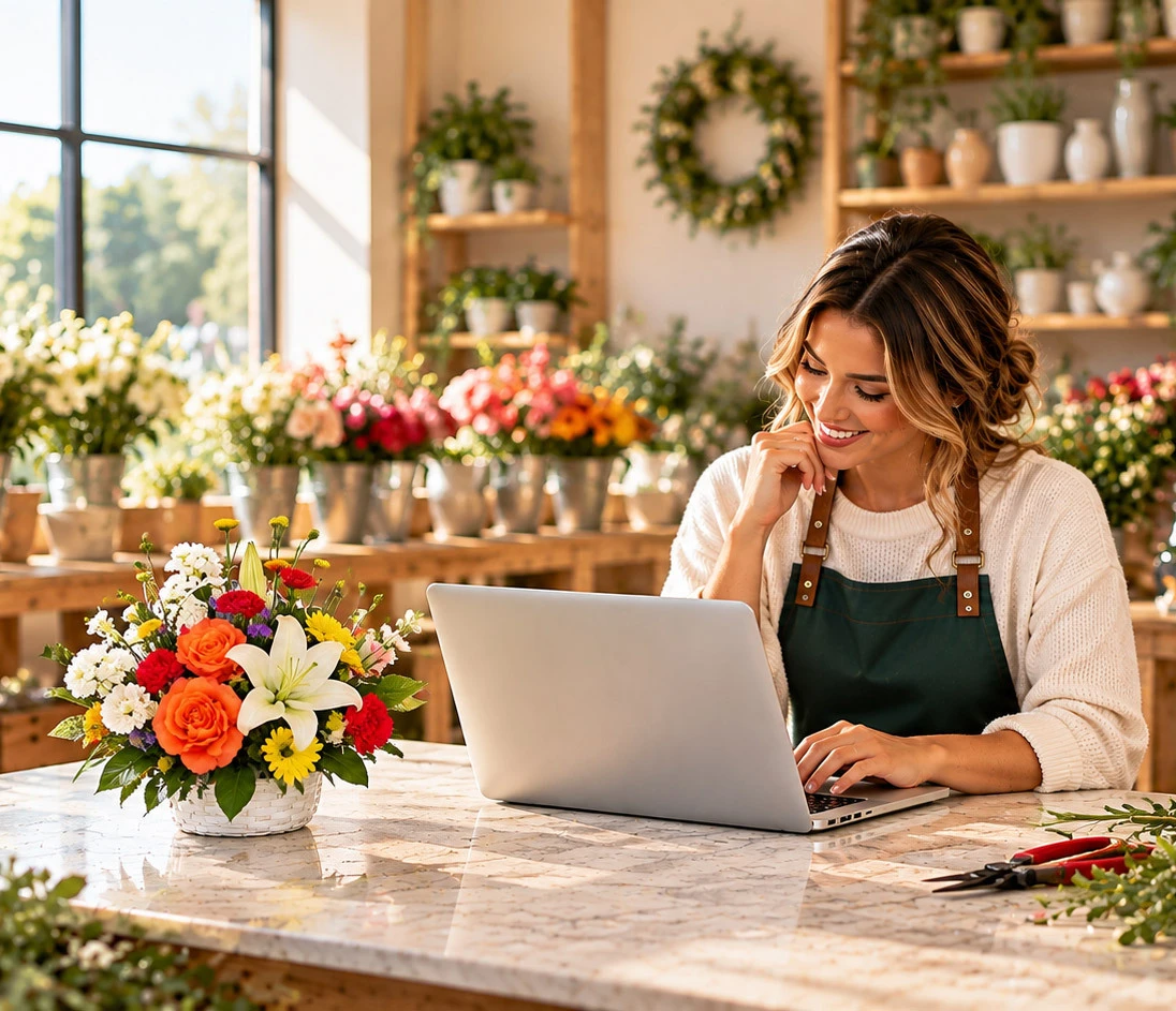 Florist using a laptop beside a colorful bouquet of roses, lilies, and chrysanthemums in a bright flower shop.