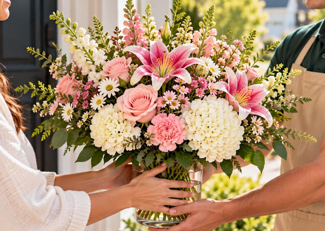 Florist handing a vibrant pink and white bouquet to a customer.