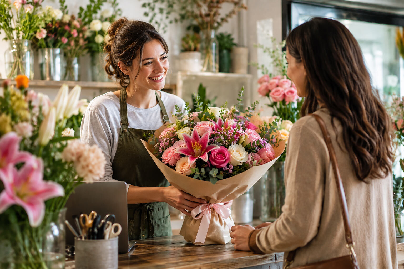 Cozy florist shop with blooming bouquets