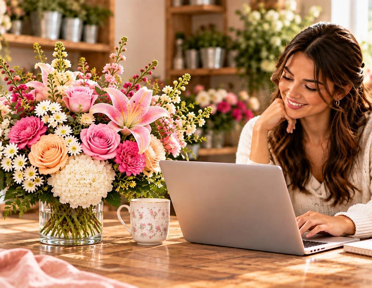 Woman browsing flowers online beside a colorful bouquet and laptop.