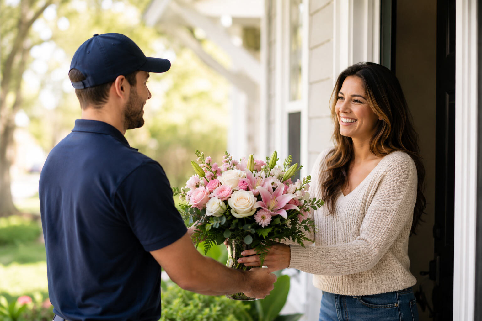 Flower delivery at a sunny porch
