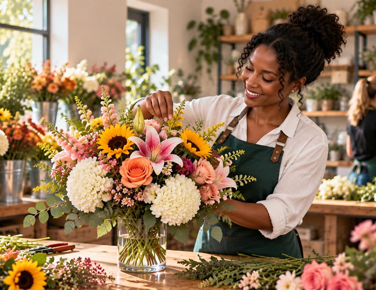 Black florist arranging a colorful bouquet in a bright, welcoming flower shop.
