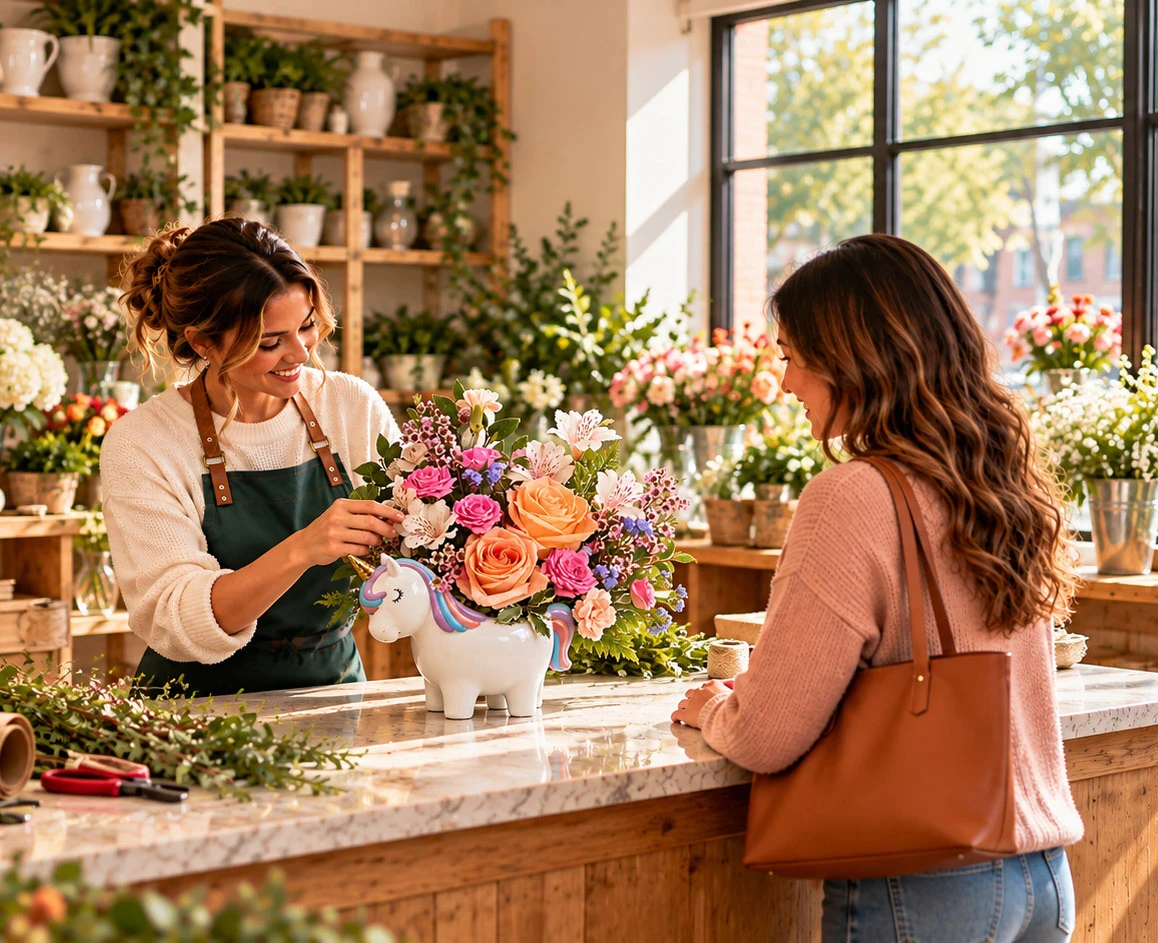 Local florist assisting a customer with a colorful bouquet in a bright, welcoming flower shop.