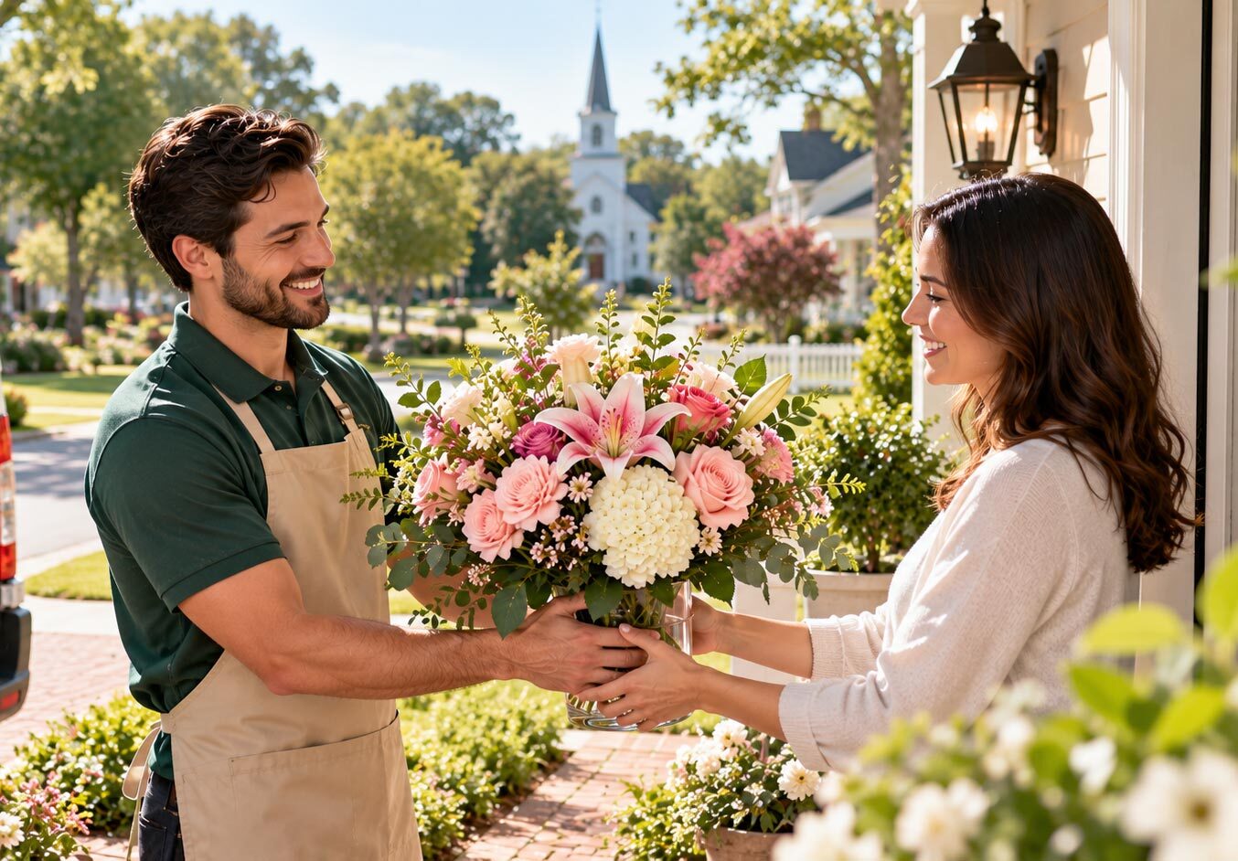 Florist delivering a colorful bouquet to a customer at a suburban home.