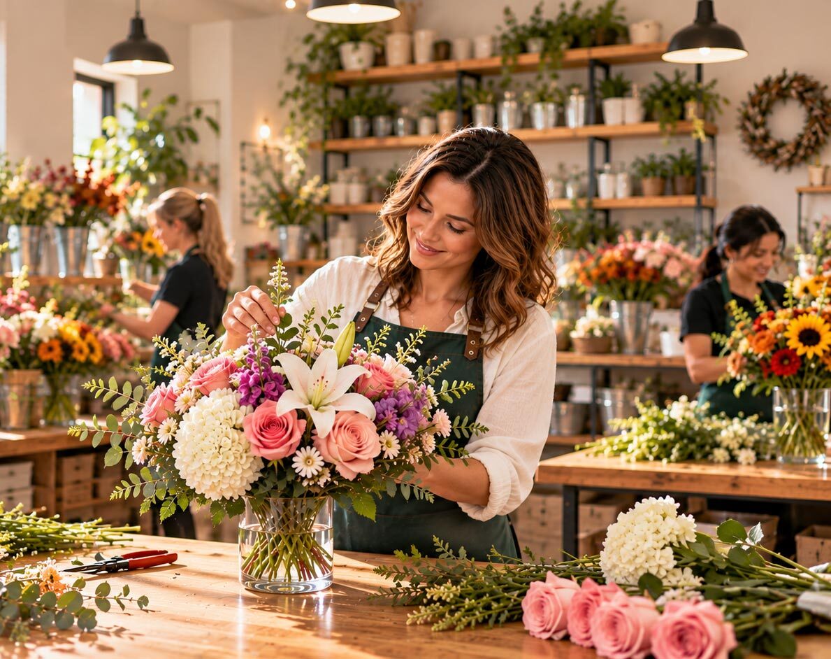 Florist creating a colorful bouquet in a bright local flower shop.