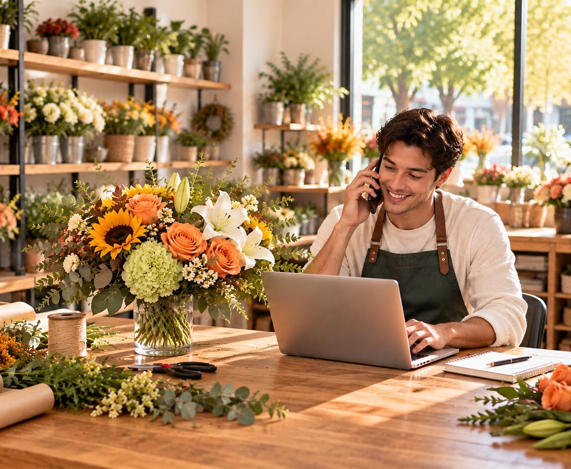 Florist working on a laptop among colorful flowers in a bright modern flower shop.