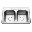 Houzer 3322-8BS3 Glowtone 33" Stainless Steel Drop-in Topmount 3-hole 50/50 Double Bowl 8" Deep Kitchen Sink