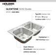 Houzer 3322-8BS4 Glowtone 33" Stainless Steel Drop-in Topmount 4-hole 50/50 Double Bowl 8" Deep Kitchen Sink