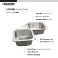 Houzer LCR-3221 Legend 32" Stainless Steel Drop-in Topmount 4-hole 50/50 Double Bowl Corner Kitchen Sink with Strainer & Grid