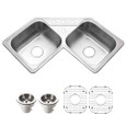 Houzer LCR-3221 Legend 32" Stainless Steel Drop-in Topmount 4-hole 50/50 Double Bowl Corner Kitchen Sink with Strainer & Grid